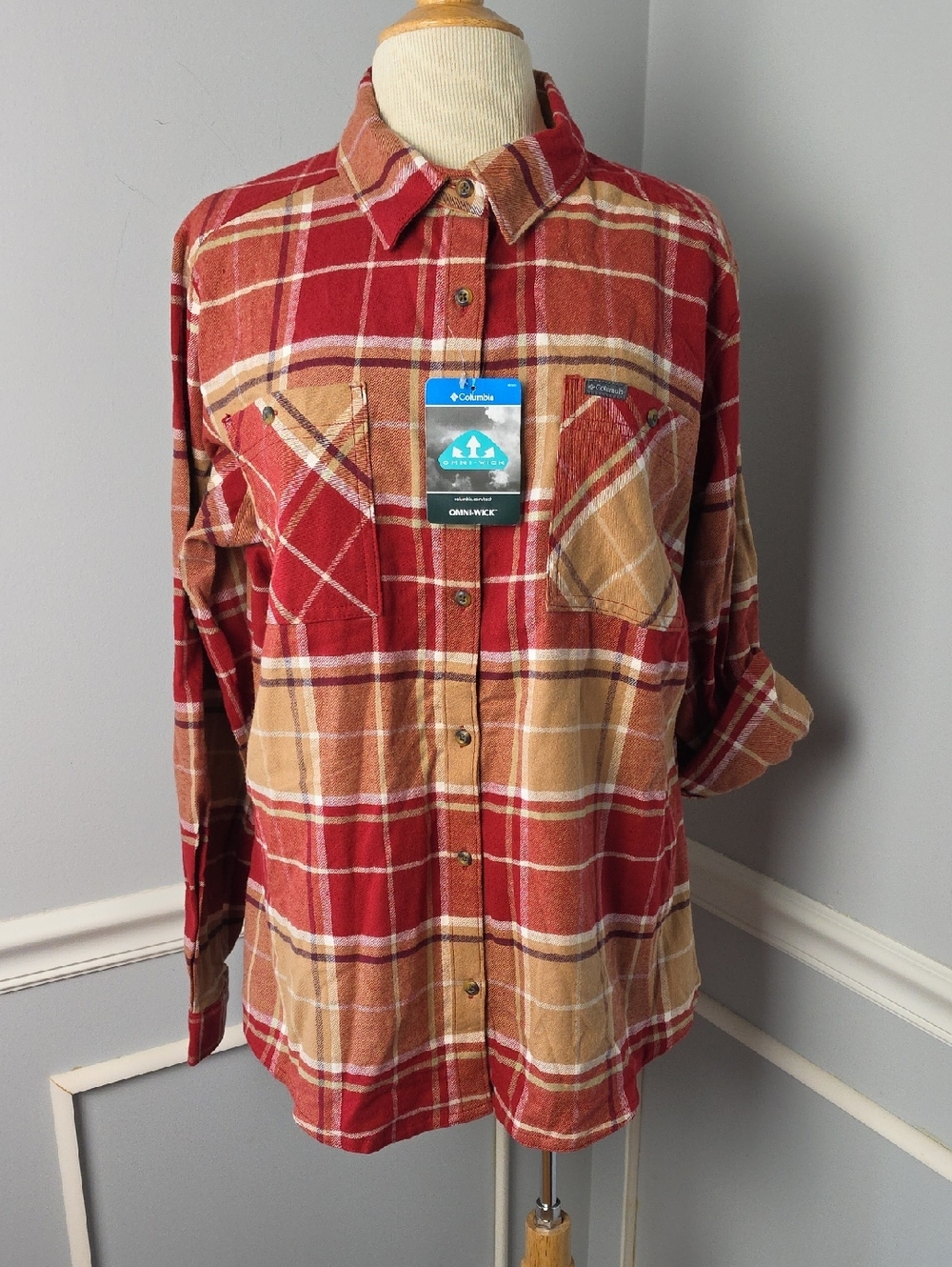 COLUMBIA Omni-Wick Red Tan Women's Flannel Button Up Casual Shirt Top XL NEWโ